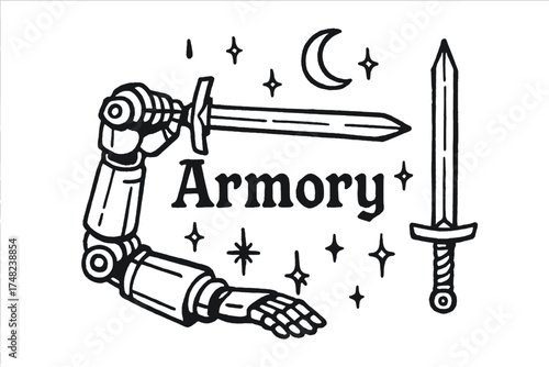 Robotic Armory Art. Hand-drawn robotic armory with moons, swords, and sparkles, center word “Armory” in black and white isolated
