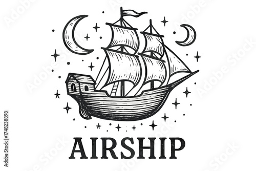 Floating Airship Fantasy. Hand-drawn floating ship with moons, sails, and sparkles, center word “Airship” in black and white