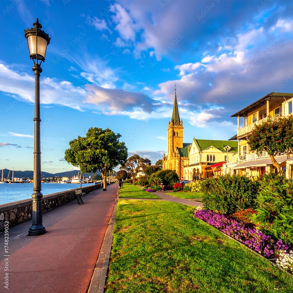 Obraz premium Scenic waterfront promenade with a church