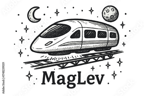 MagLev Train Art. Hand-drawn magnetic levitation train with moons, tracks, and sparkles, center word “MagLev” in black and white