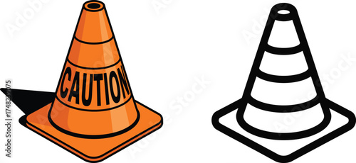Traffic Cone Vector Set with Caution Warning Sign. Road Safety Cone Illustration for Hazard Prevention.