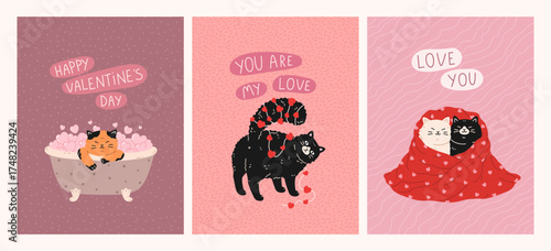 Valentine's Day and Love greeting cards with cute cats. Cats takes bath, kitten decorated with heart garlands, kitties sitting in blanket. Flat vector romantic concept for celebration print, poster