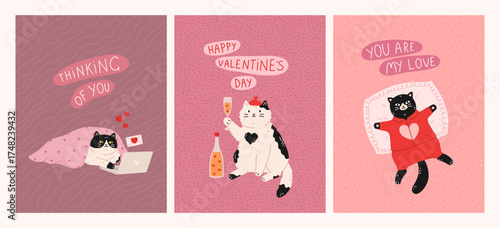 Valentine's Day and Love greeting cards with cute cats. Cats lying on pillow, writes messages under the blanket, celebrates with champagne. Flat vector concept for celebration print, poster, banner