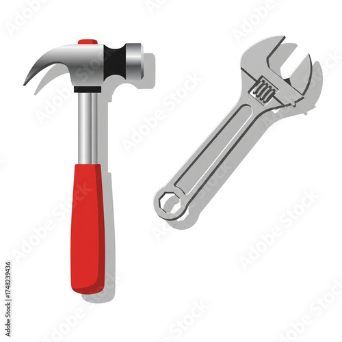 Set of metal construction hand tools including wrench, screwdriver, and claw hammer isolated on white