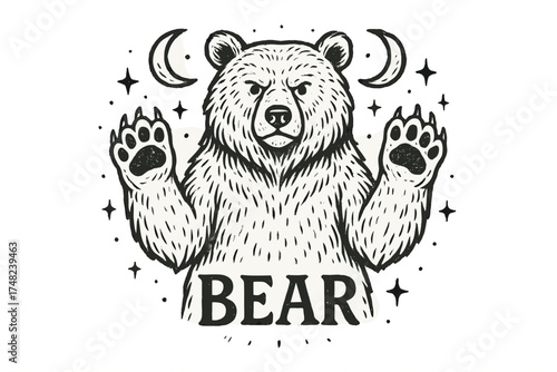 Bear Protector Illustration. Hand-drawn bear protector with moons, paws, and sparkles, center word “Bear” in black and white