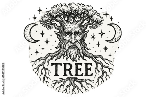 Ancient Tree Spirit. Hand-drawn ancient tree spirit with moons, roots, and sparkles, center word “Tree” in black and white
