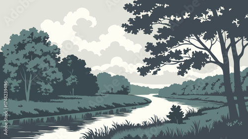 Serene Landscape Illustration with River and Trees.