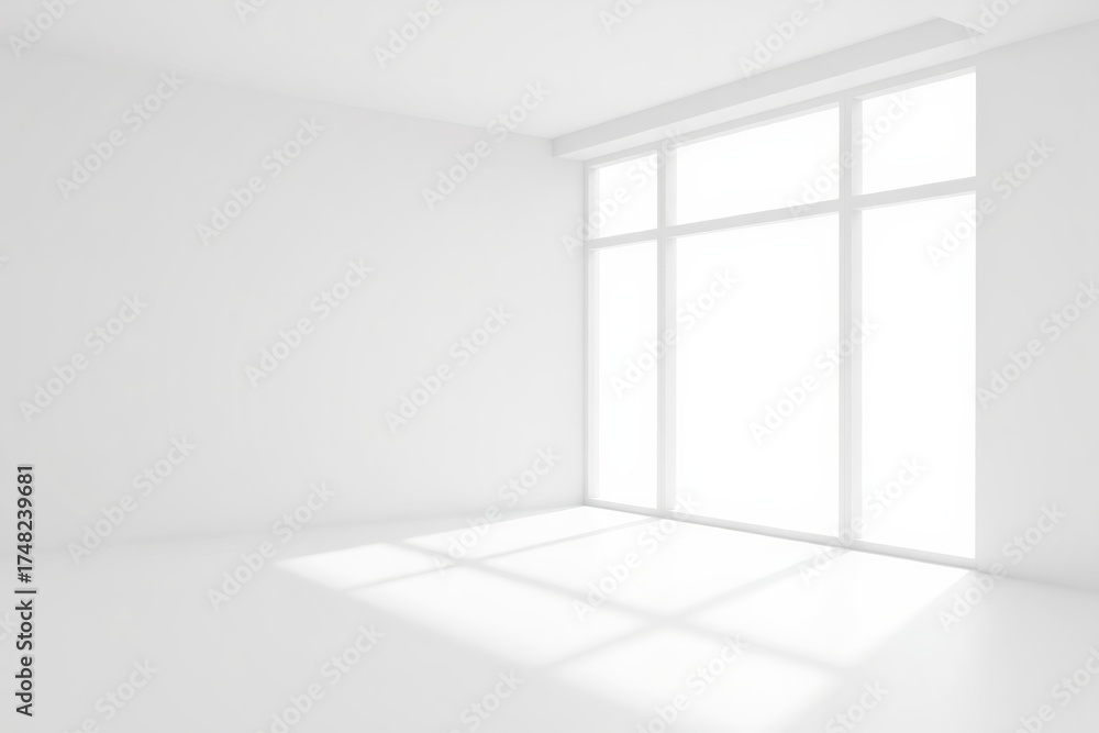 Obraz premium Bright empty white room with large windows casting strong geometric shadows