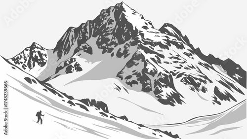 Silhouette Illustration of a Mountain Landscape with a Skier.