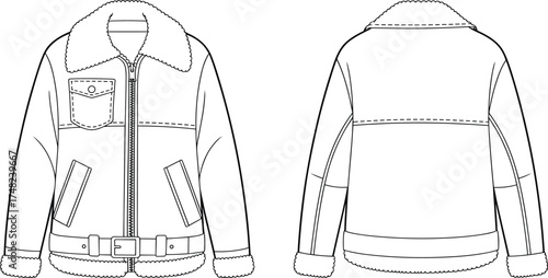 Shearling aviator jacket flat sketch, fashion technical drawing, outerwear design template, garment construction illustration, front and back view, clothing pattern, apparel design