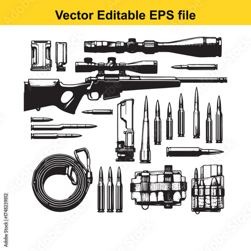 Vector art of collection of sniper rifle, bullets, belt, and accessories