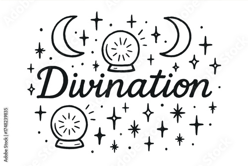 Divination Class Scene. Hand-drawn divination class with moons, crystal balls, and sparkles, center word “Divination” in black and