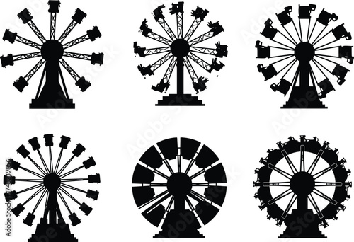 Ferris wheel, silhouette, amusement, park, ride, carnival, fairground, vector, icon, black, minimal, flat, design, entertainment, spinning, circular, structure, vintage, isolated, bundle, 