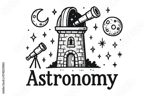 Astronomy Tower Design. Hand-drawn astronomy tower with moons, telescopes, and sparkles, center word “Astronomy” in black and