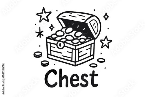 Pirate Treasure Doodle. Doodle pirate treasure chest with stars, coins, and sparkles, center word “Chest” in black and white