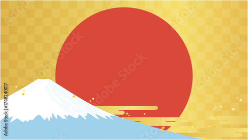正月、新春、初売りセールのバナー背景　金色の背景に富士山と初日の出・赤丸のベクターイラスト