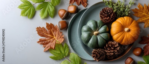 Wallpaper Mural A table is adorned with vibrant autumn leaves, mini pumpkins, and pinecones, creating a cozy atmosphere for seasonal celebrations Torontodigital.ca