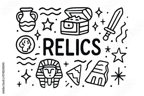 Doodle Relics with Stars. Doodle lost relics with stars, waves, and sparkles, center word “Relics” in black and white isolated