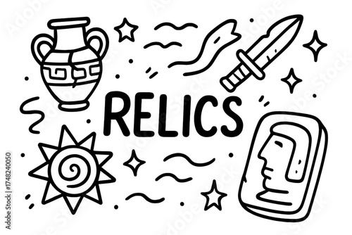 Doodle Relics with Stars. Doodle lost relics with stars, waves, and sparkles, center word “Relics” in black and white isolated