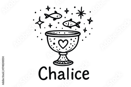 Enchanted Chalice Doodle. Doodle enchanted chalice with stars, fish, and sparkles, center word “Chalice” in black and white