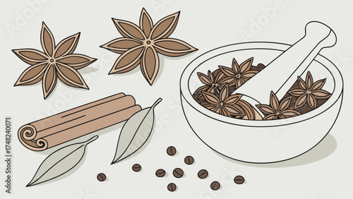 Spice and Herbs Collection Star Anise Cinnamon Bay Leaves Coffee Beans Vector Illustration.