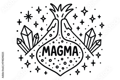 Magma Doodle Art. Doodle magma chamber with stars, crystals, and sparkles, center word “Magma” in black and white isolated