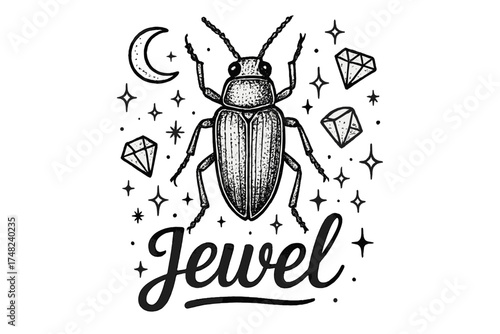 Jewel Beetle Art. Hand-drawn jewel beetle with moons, gems, and sparkles, center word “Jewel” in black and white isolated