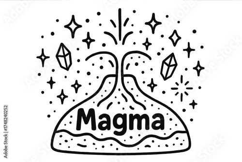 Magma Doodle Art. Doodle magma chamber with stars, crystals, and sparkles, center word “Magma” in black and white isolated