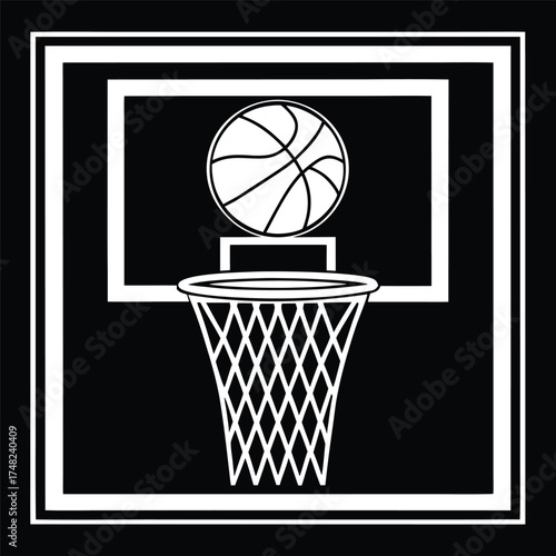 Vector art of a stylized graphic illustration of a basketball about to go into a net, against a