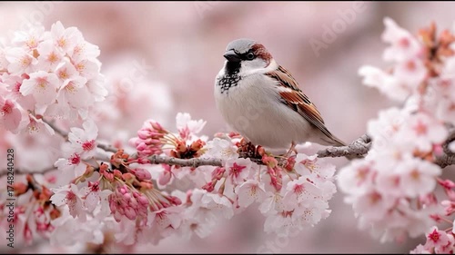 A sparrow perched on a branch adorned with blooming cherry blossoms, creating a serene and picturesque spring scene.