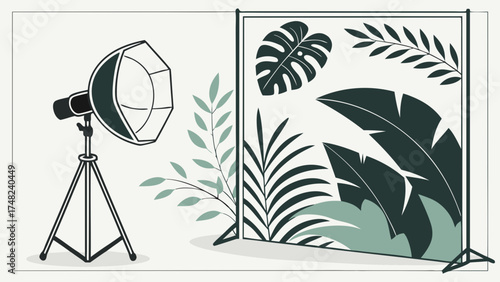 Studio Setup Illustration with Botanical Backdrop and Lighting Equipment.