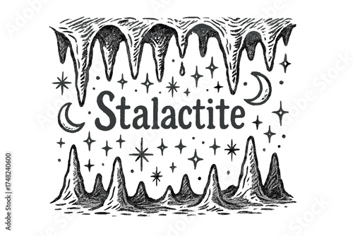 Stalactite Cave Illustration. Hand-drawn stalactite cave with moons, sparkles, and drops, center word “Stalactite” in black and
