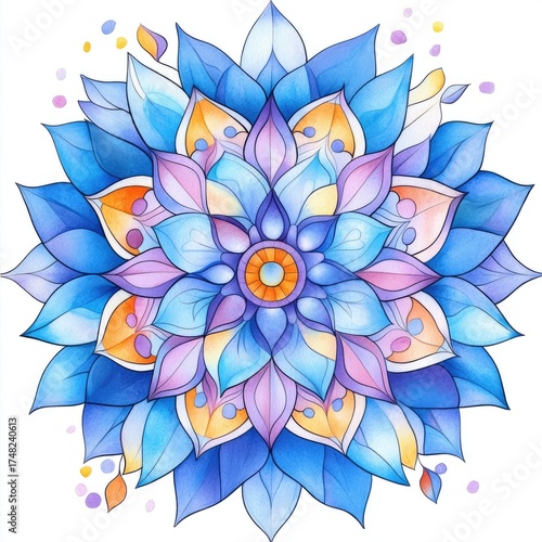 Colorful mandala art featuring geometric floral design in vibrant blue and orange hues