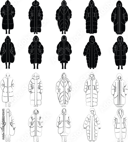 Vector art of fashion illustration featuring an array of puffer coat designs, , presented in both solid and outline styles for design versatility silhouette