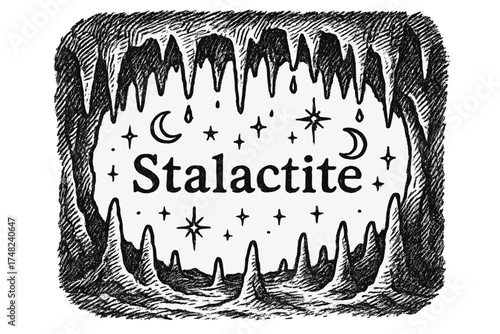 Stalactite Cave Illustration. Hand-drawn stalactite cave with moons, sparkles, and drops, center word “Stalactite” in black and