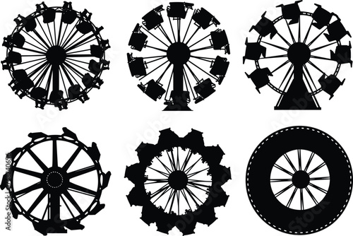 Ferris wheel, silhouette, amusement, park, ride, carnival, fairground, vector, icon, black, minimal, flat, design, entertainment, spinning, circular, structure, vintage, isolated, bundle, collection, 