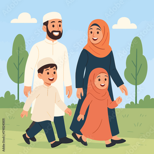 Happy Muslim family walking together in a park on a sunny day, enjoying quality time outdoors