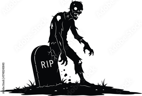 Halloween Zombie Rising from Grave, Eerie Cemetery Scene, Dark Night, Illustration, Spooky Atmosphere, Frightening Perspective, Haunting Concept