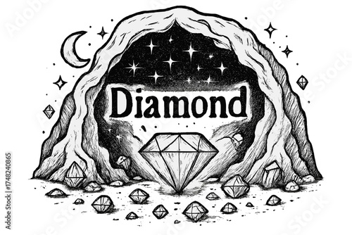 Diamond Cavern Design. Hand-drawn diamond cavern with moons, sparkles, and gems, center word “Diamond” in black and white isolated