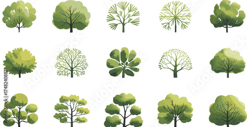 Tree illustration collection, botanical drawing set, stylized nature sketch, fifteen tree designs, foliage artwork, environmental concept, green leaves, forest elements, eco illustration