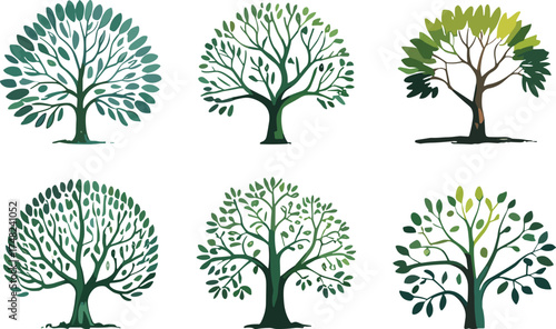 Tree illustration set, botanical drawing, stylized nature sketch, six tree designs, foliage artwork, environmental concept, green leaves, forest elements, eco illustration