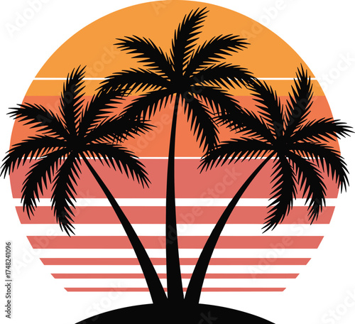 Vibrant Sunset with Palm Trees Silhouette, Retro Tropical Design, Abstract Sunset Background, Summer Beach Vibes, Aesthetic Artwork