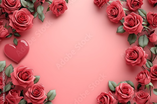 3d illustration of elegant frame of red roses and hearts on a pink background, perfect for romantic or valentines designs