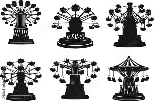 Ferris, wheel, swing, ride, silhouette, amusement, park, carnival, fairground, vector, icon, black, minimal, flat, design, entertainment, structure, motion, attraction, isolated, bundle, 