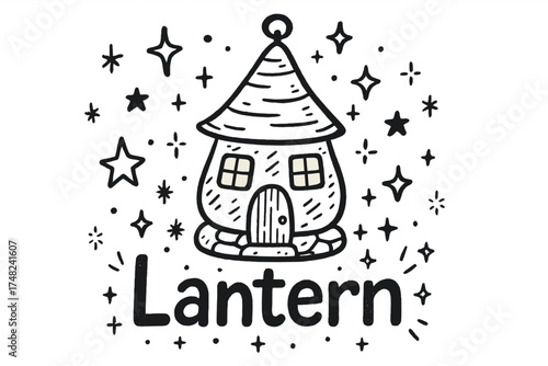 Gnome Home Lantern. Doodle lantern-lit gnome home with stars, windows, and sparkles, center word “Lantern” in black and white