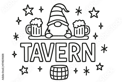 Gnome Tavern Doodle. Doodle gnome tavern with stars, mugs, and sparkles, center word “Tavern” in black and white isolated