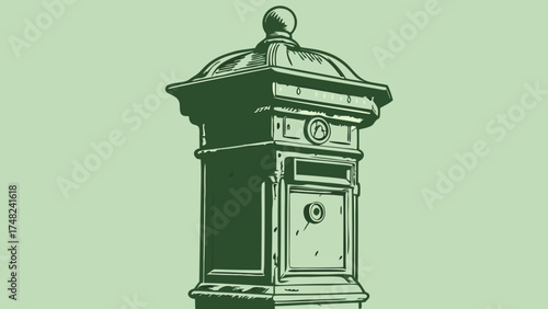 Vintage Green Post Box Illustration.