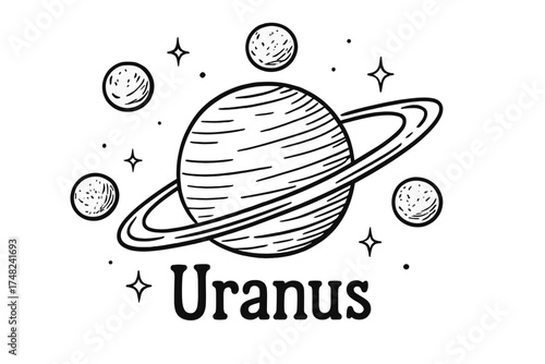 Uranus and Moons Illustration. Hand-drawn uranus with moons, sparkles, and rings, center word “Uranus” in black and white isolated