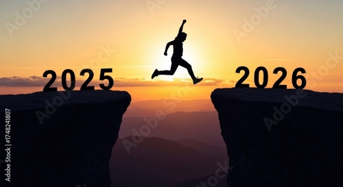 silhouette man jump from mountain from 2025 to 2026 years with the sunset or sunrise background. Happy and success growth with new year 2026 concept