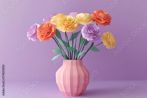 3d illustration of colorful paper flower arrangement in a pink vase on a pastel purple background, creating a vibrant and cheerful scene